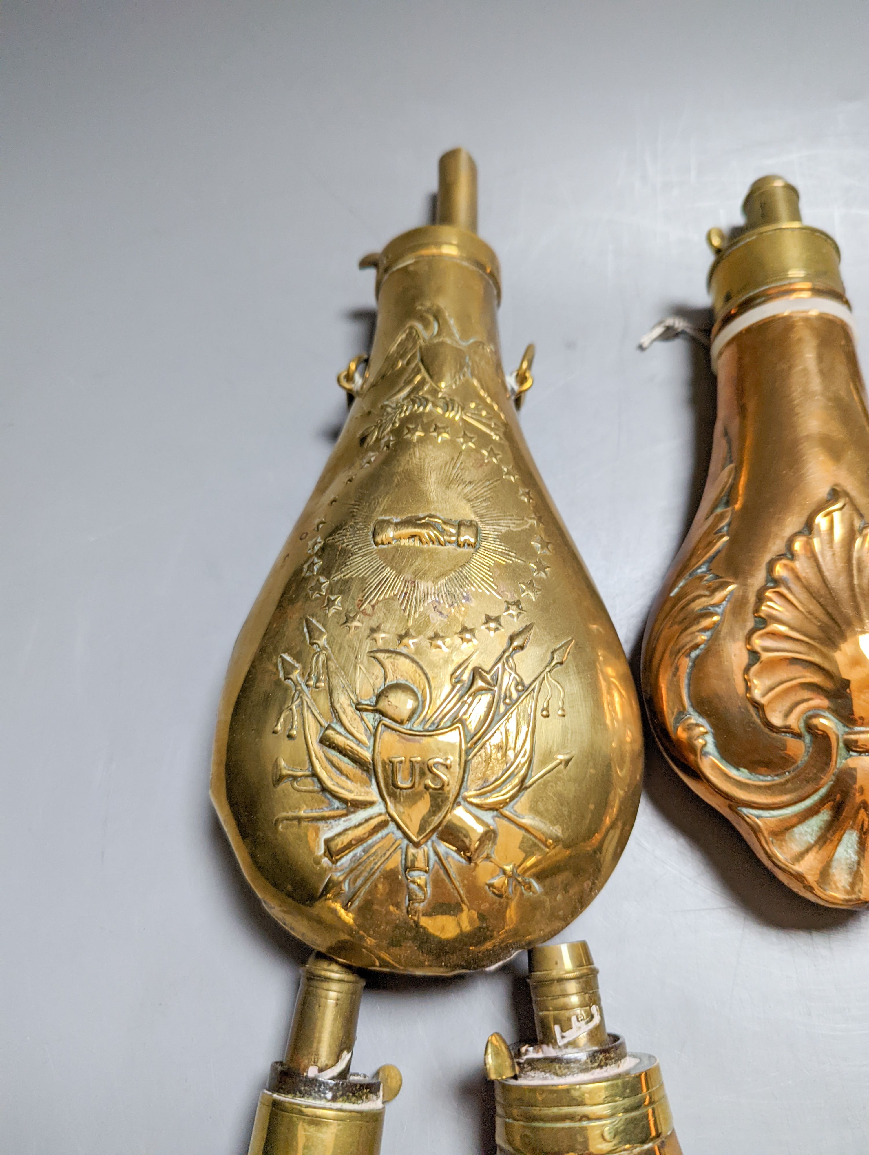 Eight assorted 19th century copper shot flasks - Image 2 of 10