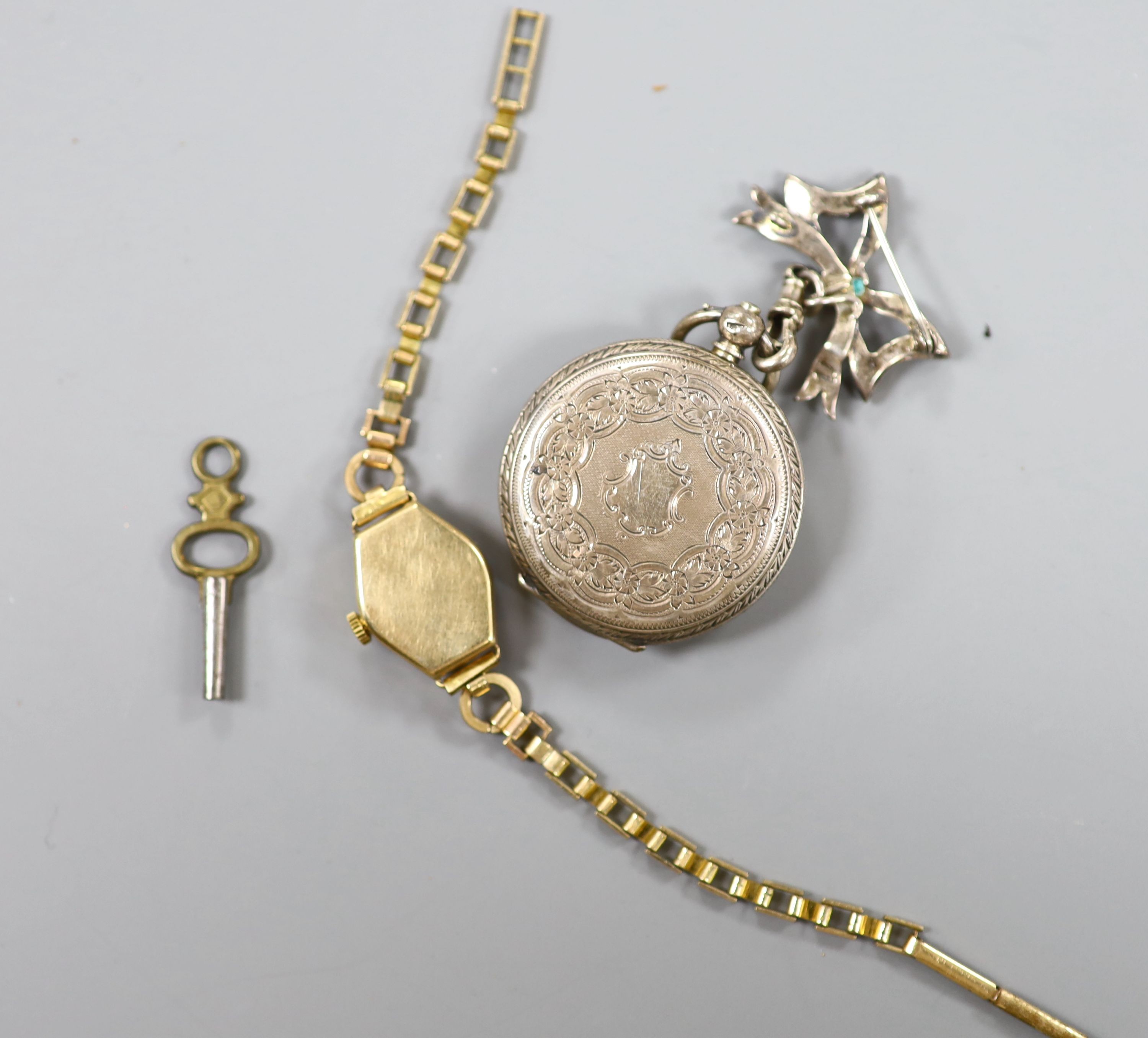 A lady's yellow metal manual wind wrist watch, on a gold plated bracelet, together with a silver fob - Image 2 of 2