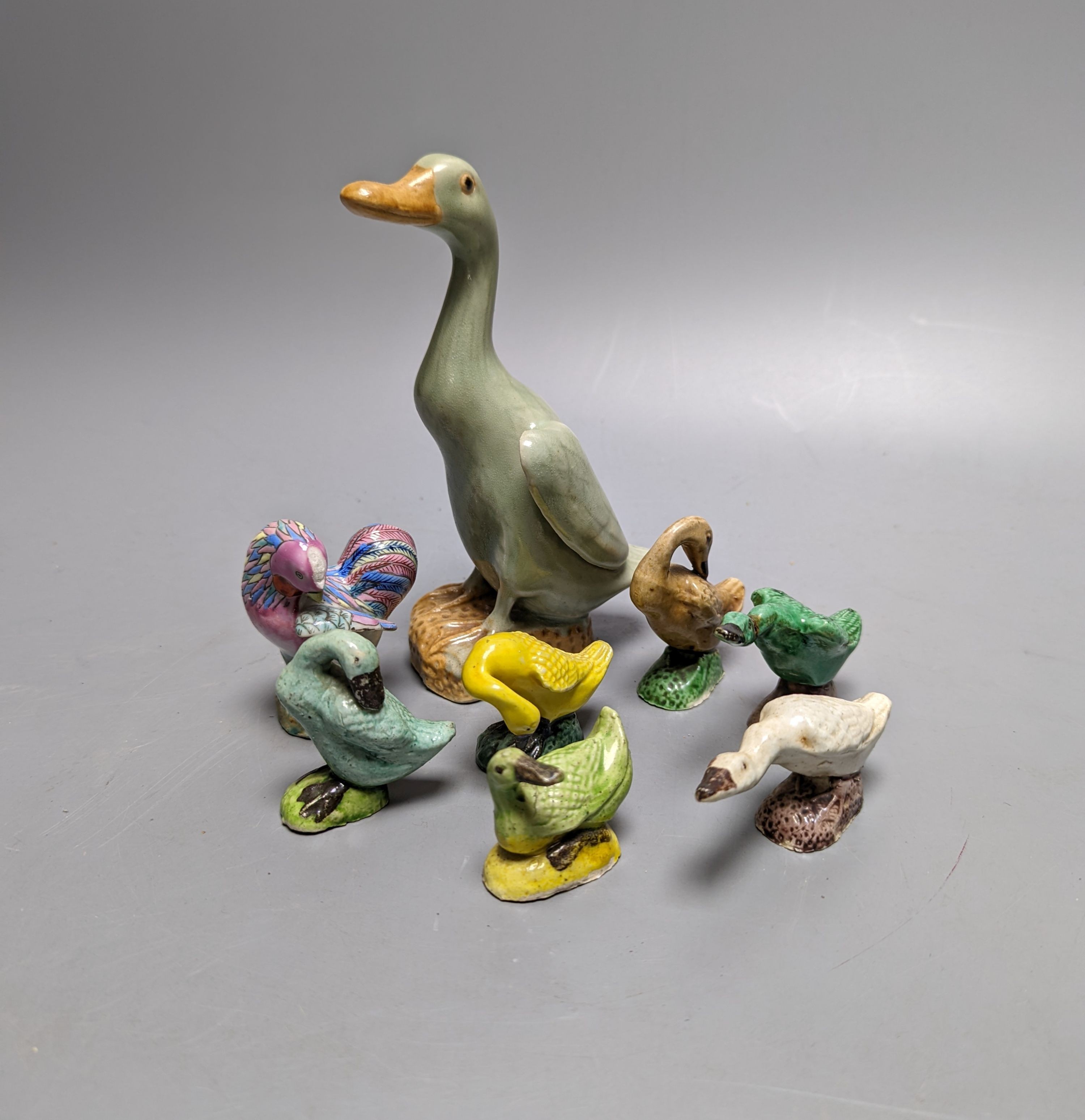 Seven Chinese ceramic ducks and a cockerel 15cm