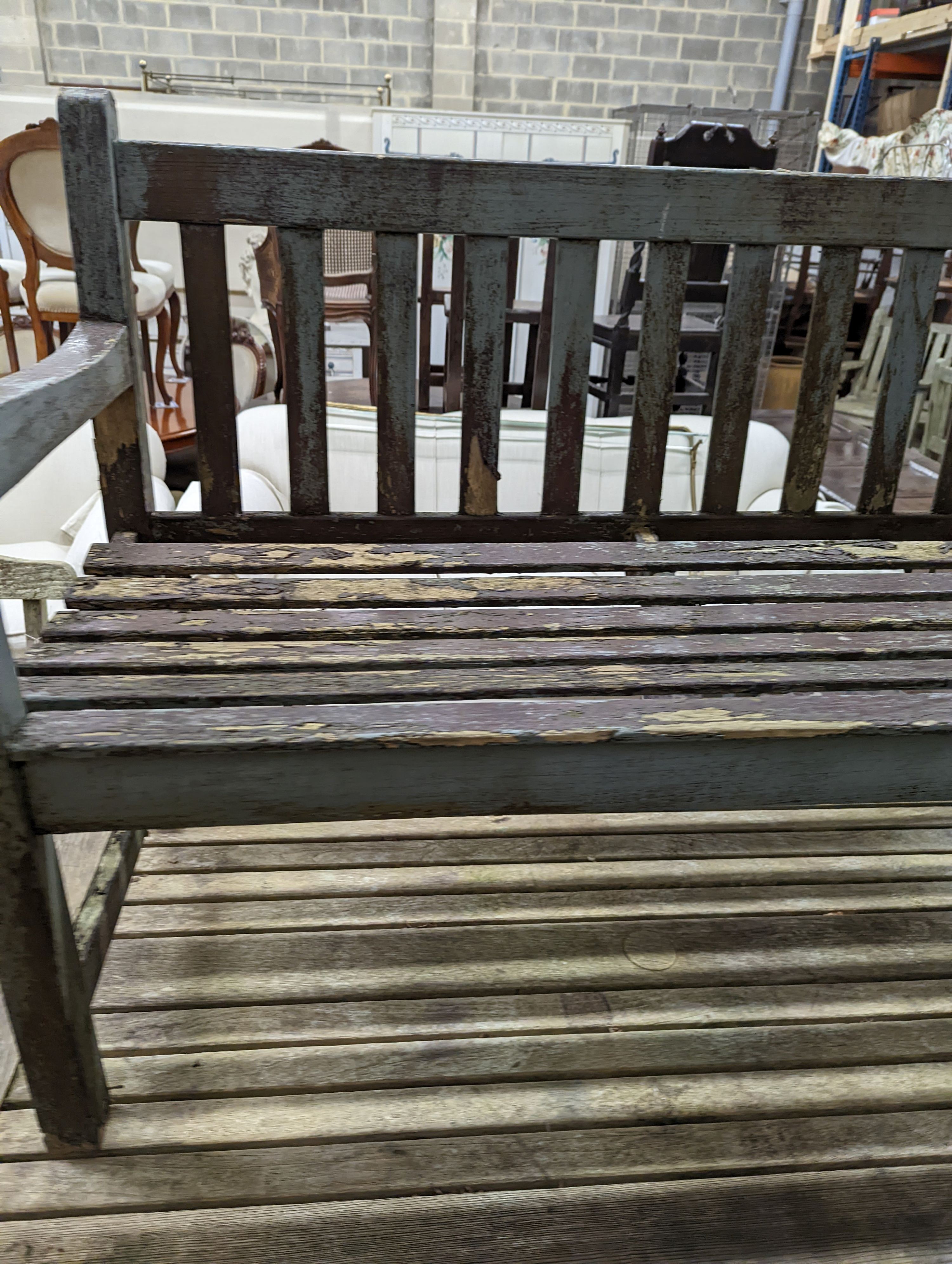 A weathered teak garden bench and rectangular table. Bench - W-122cm, D-54cm, H-83cm. Table - W- - Image 3 of 7