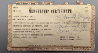 A membership certificate for hypnosis centers of Europe, signed by Muhammad Ali, 1965. Provenance: