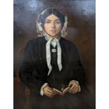 Victorian School, oil on canvas, Portrait of a young lady holding book, 92 x 71cm, unframed