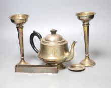 A 1930's silver teapot, a pair of silver mounted posy vases(a.f.), an Egyptian white metal small