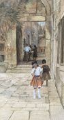 Henry Legg, ink and watercolour, 'School Children Hvar', signed with label verso, 52 x 28cm