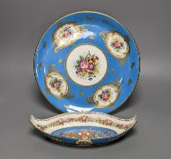 A Sevres style boat shaped dish and a Limoges circular dish, Sevres dish 27 cms wide & Limoges