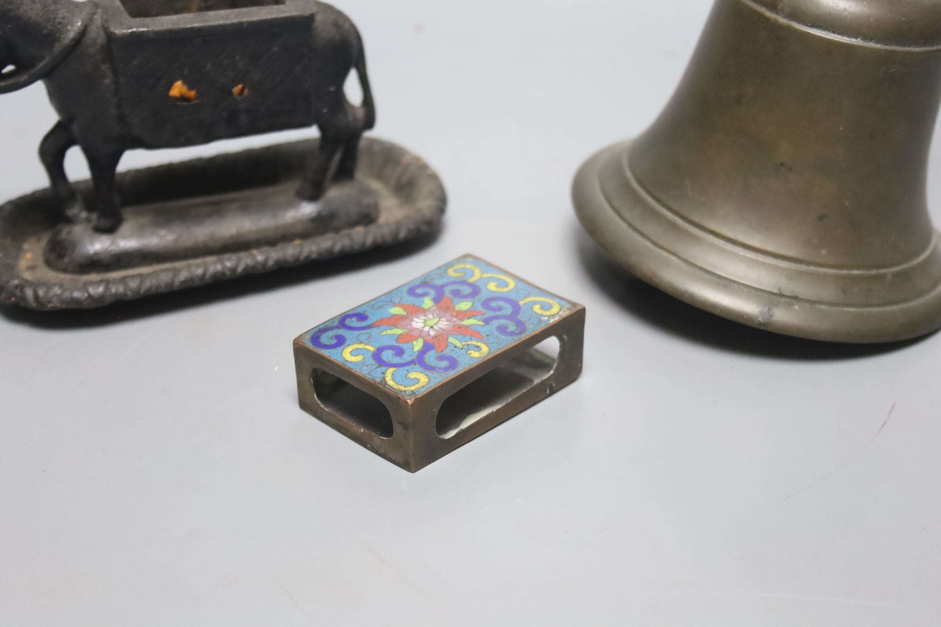 A brass handbell, iron donkey matchbox holder plus cloisonné matchbox cover. Bell, 23cms high. - Image 3 of 5