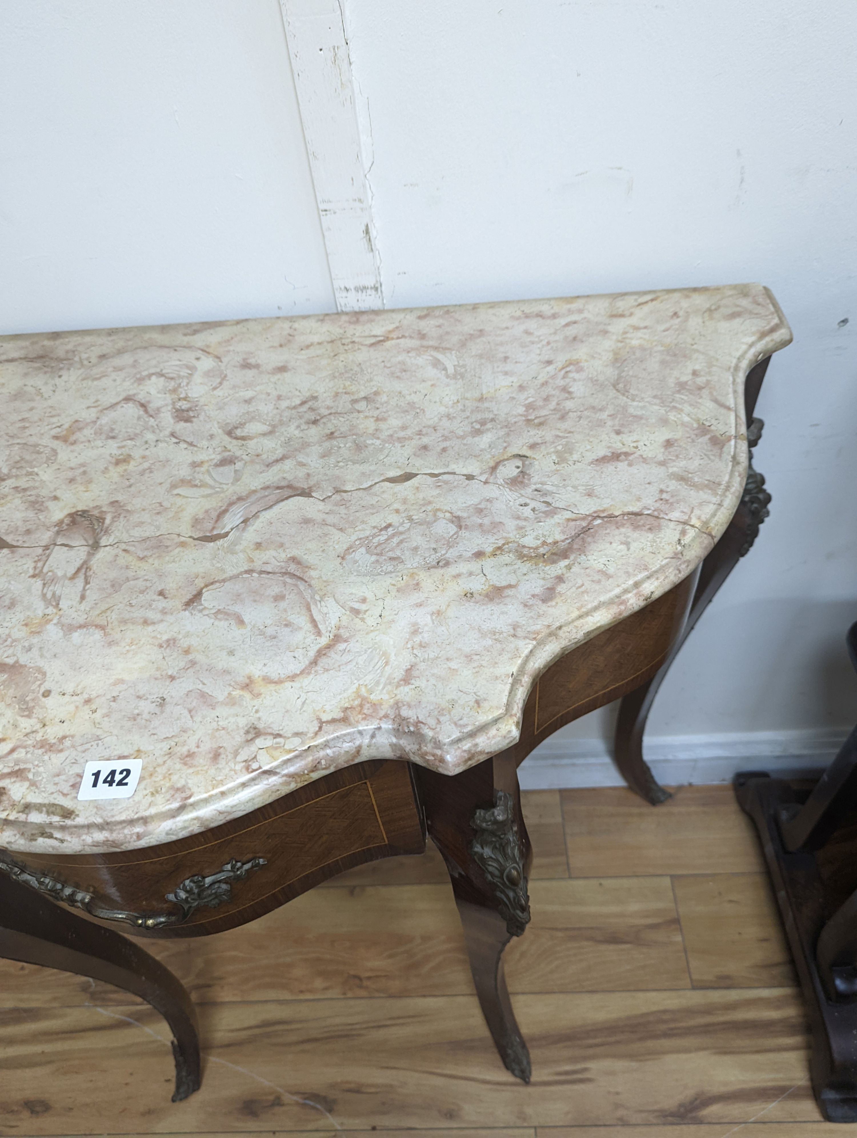 A Louis XVI design marble top serpentine console table. W-102cm, D-47cm, H-91cm. - Image 2 of 5