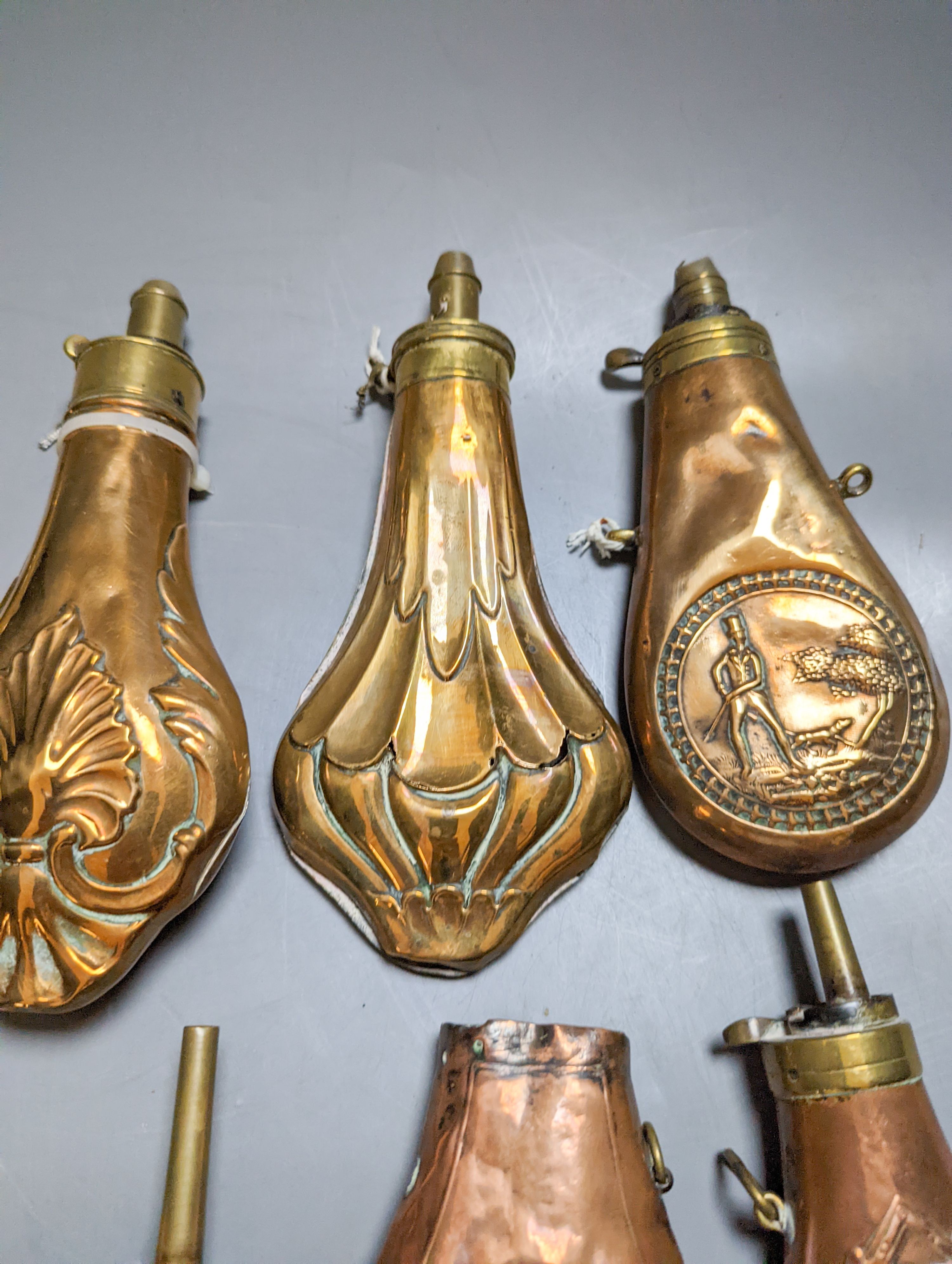 Eight assorted 19th century copper shot flasks - Image 6 of 10