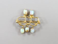 A stylish Art Nouveau yellow metal and five stone opal set brooch(a.f.), 31mm, gross weight 4.8