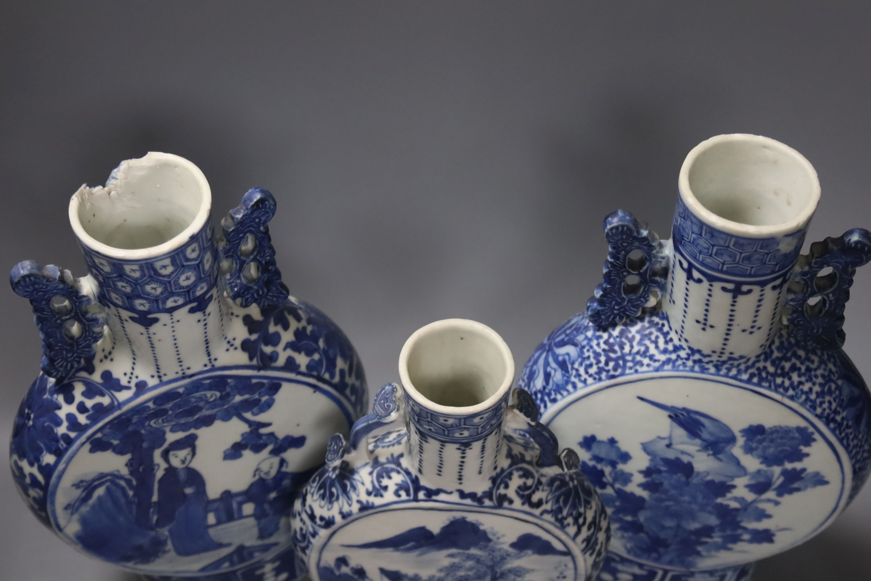 Three 19th century Chinese blue and white Moon flasks, tallest 31 cms. - Image 3 of 4