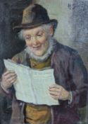 H. Smith, oil on canvas, Frenchman reading a newspaper, 20 x 14cm