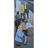Ian Lyons, oil on board, Figures waiting for a train, signed, 76cm x 33cm