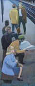Ian Lyons, oil on board, Figures waiting for a train, signed, 76cm x 33cm