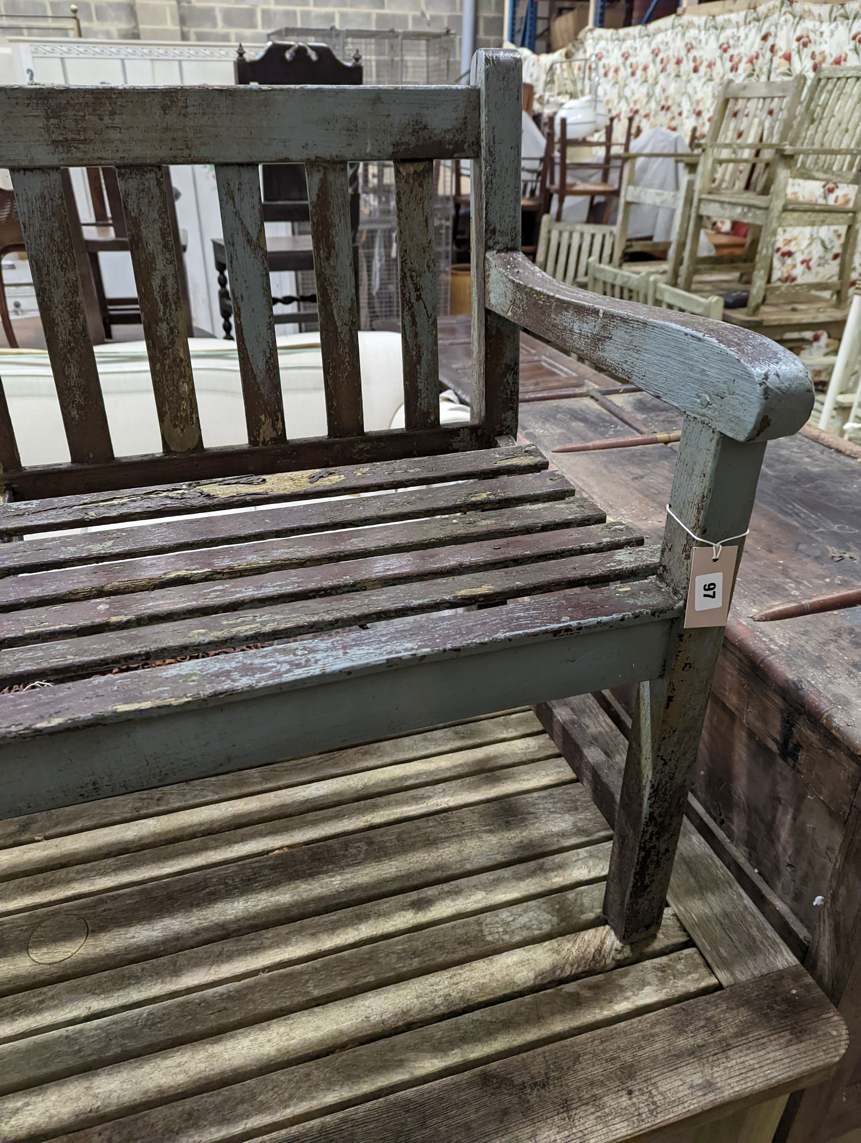 A weathered teak garden bench and rectangular table. Bench - W-122cm, D-54cm, H-83cm. Table - W- - Image 4 of 7