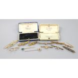 Two Edwardian 15ct and gem set bar brooches, including sapphire and seed pearl, gross 7.4 grams,
