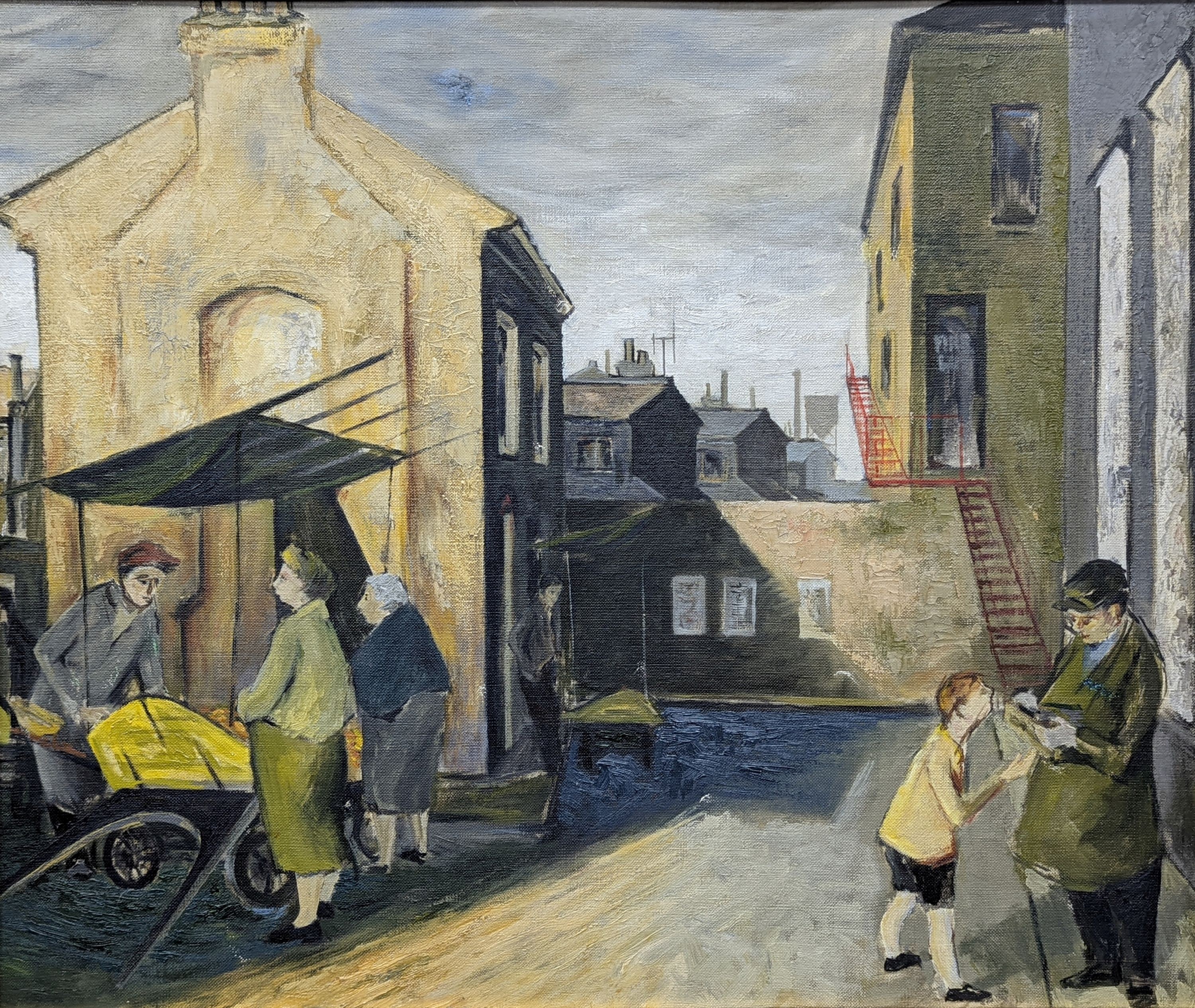 Modern British, oil on canvas board, Street scene, Exhibition label verso, 66 x 78cm