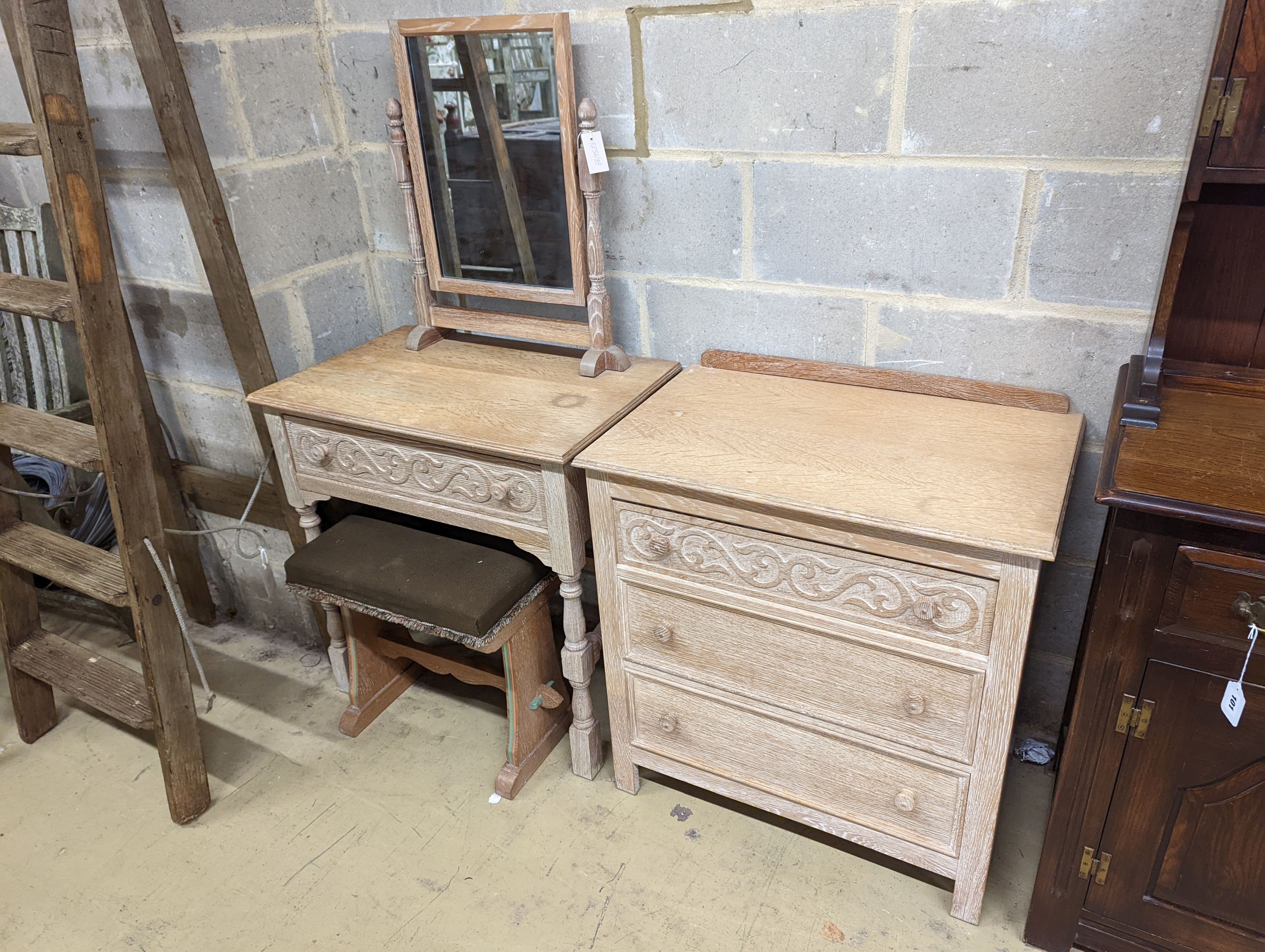 A Maple oak limed oak bedroom suite. Chest - W-71cm, D-46cm, H-137cm.