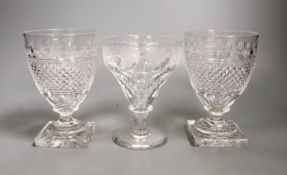 A pair of 19th century square base hob nail cut rummers and a wheel engraved conical shaped pedestal