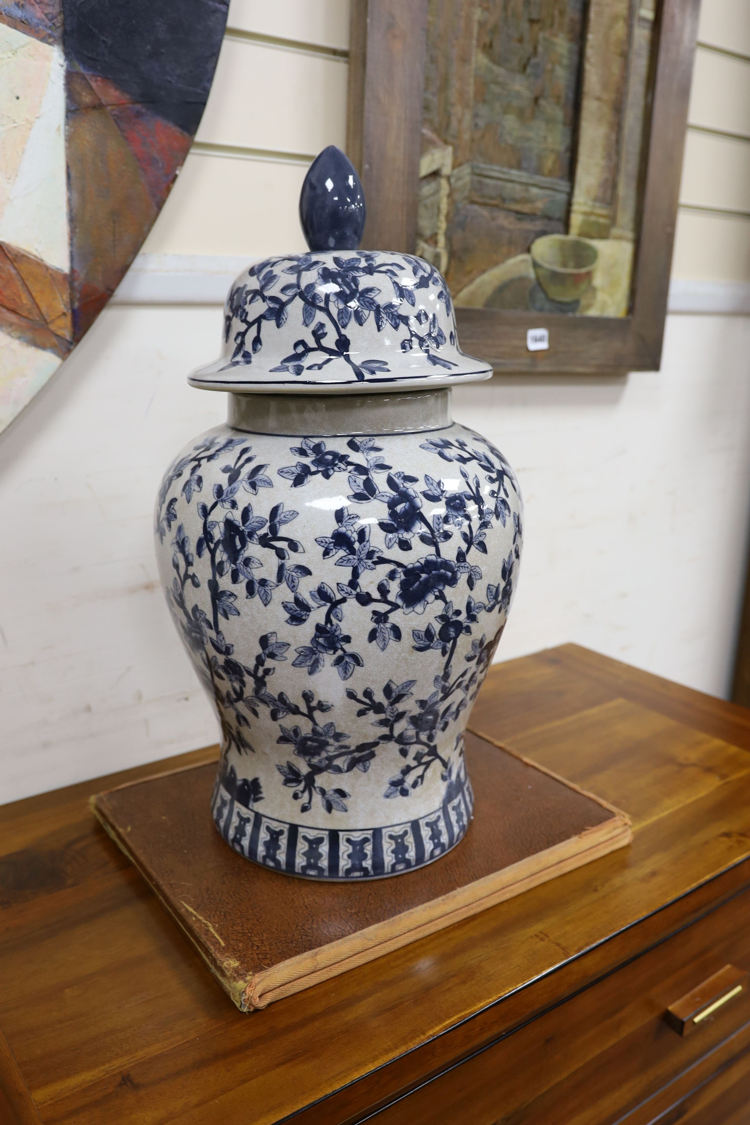 A Chinese style blue and white lidded baluster vase and a cylindrical stick stand (2) - Image 2 of 3