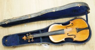 A cased violin, 60 cms long.