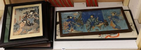 Japanese School, nine assorted woodblock prints including studies of Geisha and two triptychs,