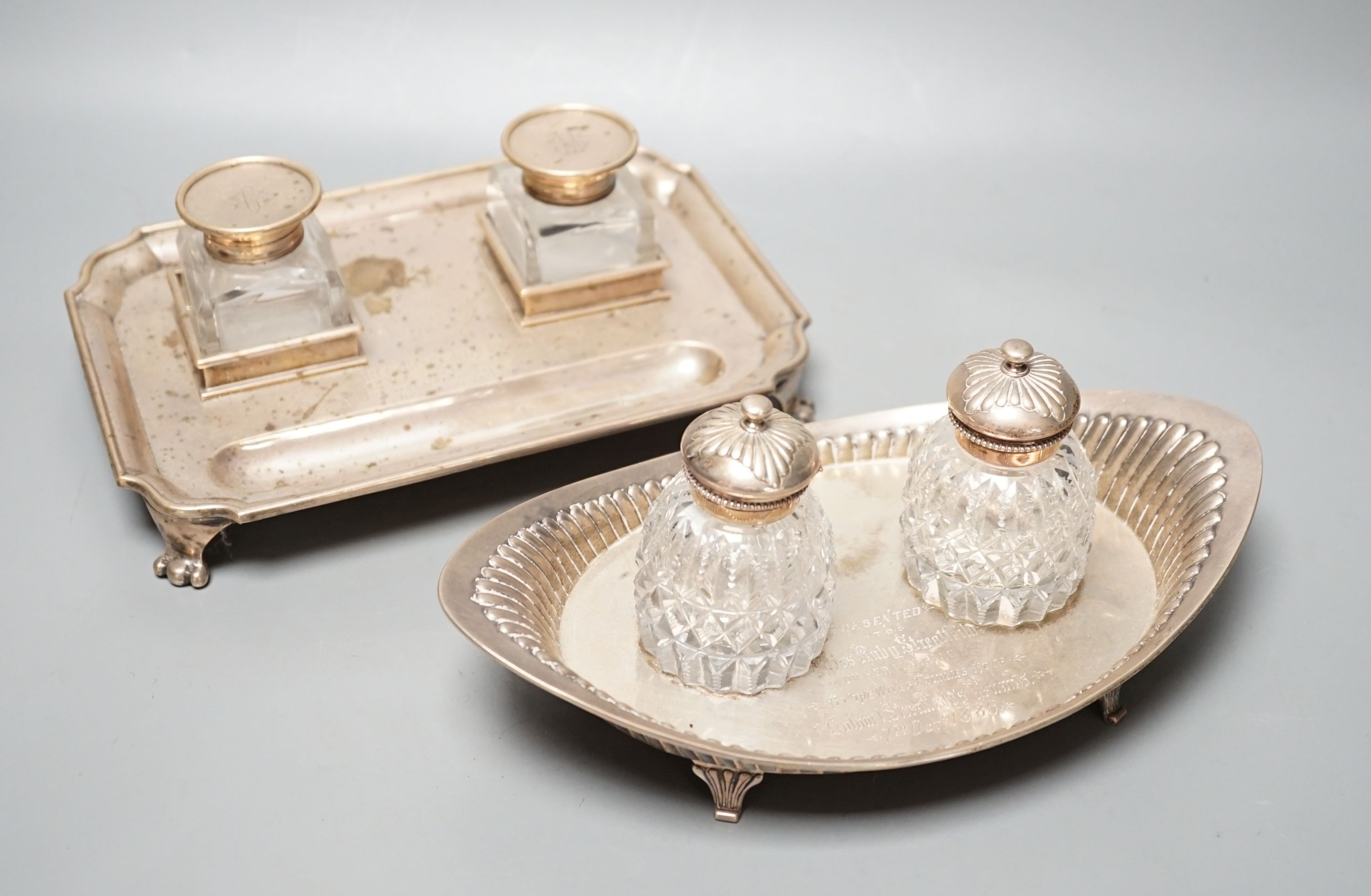 A presentation silver oval inkstand, with two mounted glass wells, William & John Barnard, London,