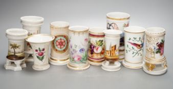 Ten various 19th century porcelain spill vases, tallest 14cm.