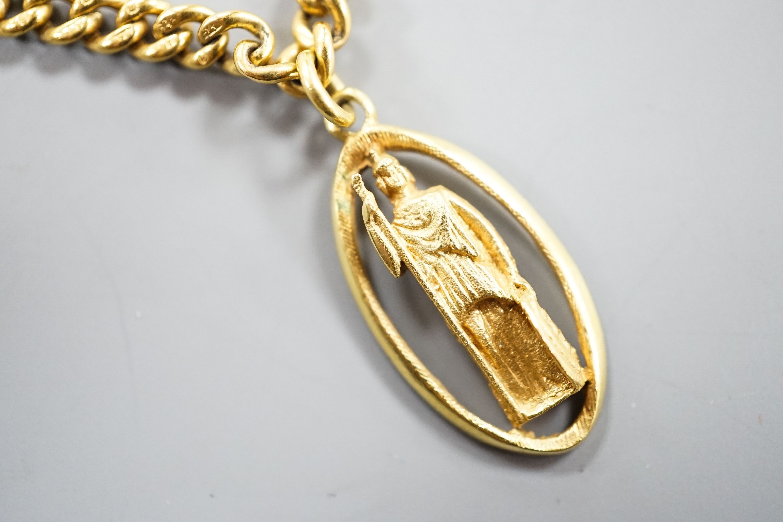 A 9ct curb link chain, 44cm, 15.7 grams, with a yellow metal St. Christopher pendant, engraved '18', - Image 2 of 4