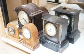 Two 19th century slate mantel clocks, three Edwardian and later wooden mantel clocks and a