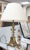 A large brass table lamp and a gilt metal and lustre hung table lamp, table lamp 50 cms high not