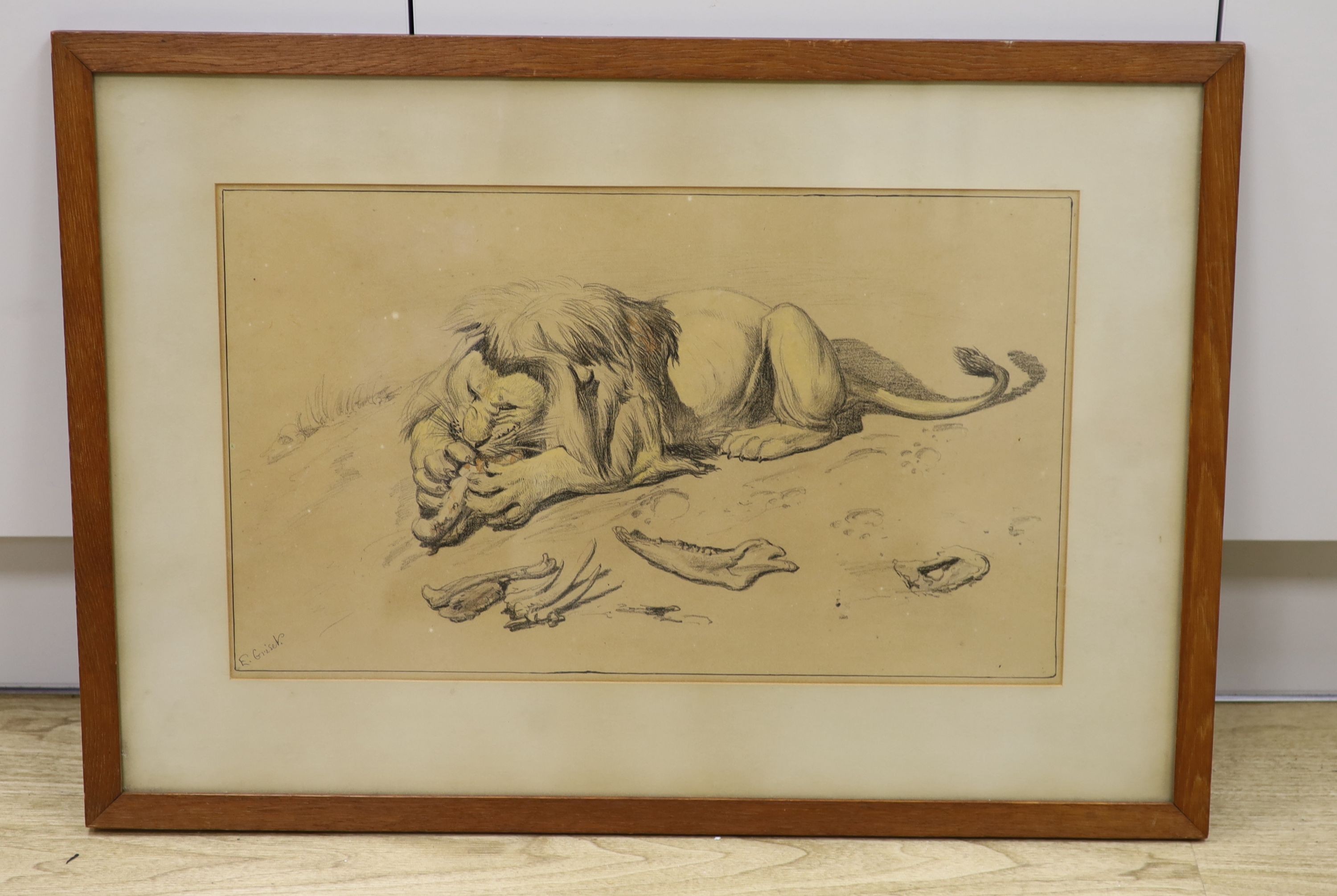 Ernest Griset (1844-1907), Lion devouring its prey, signed in ink, 32 x 54cm - Image 2 of 3