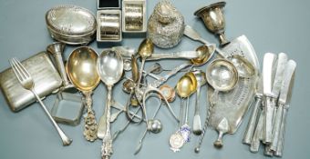 A mixed collection of sundry English and other silver to include a cigarette case, wishbone sugar