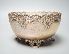 An Edwardian silver presentation bowl with engraved inscriptions and pierced border, Josiah Williams