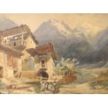 19th century Continental School, watercolour, Children beside alpine houses, 27 x 34cm