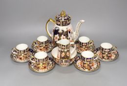 A Royal Crown Derby Imari pattern 2451 coffee set, comprising coffee pot, bowl jug and six cups