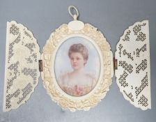 A carved and pierced ivory framed miniature. ‘Edith wife of C.Constable Curtis Esq. Collingshaw