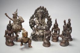 A group of 19th century and later Indian bronze figures of deities, tallest 19cm.