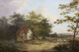 Attributed to Thomas Creswick (1811-1869), oil on canvas, Cottage and cattle in a landscape, bears