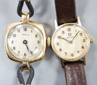 A lady's yellow metal Omega manual wind wrist watch, on leather strap and a similar 9ct Pinnacle