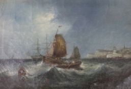 19th century English School, oil on canvas, Shipping off the coast, 19 x 28cm