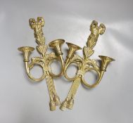 A pair of cast brass twin light wall sconces 40cm