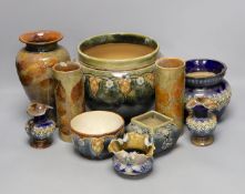 10 pieces of Doulton Lambeth stoneware including a jardiniere, vases etc, largest item jardiniere,