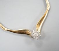 A modern 14k yellow metal and seven stone diamond cluster set necklace, 38cm, gross weight 12.3