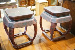 A pair of late 19th century Chinese lacquered stools, width 42cm, height 45cm