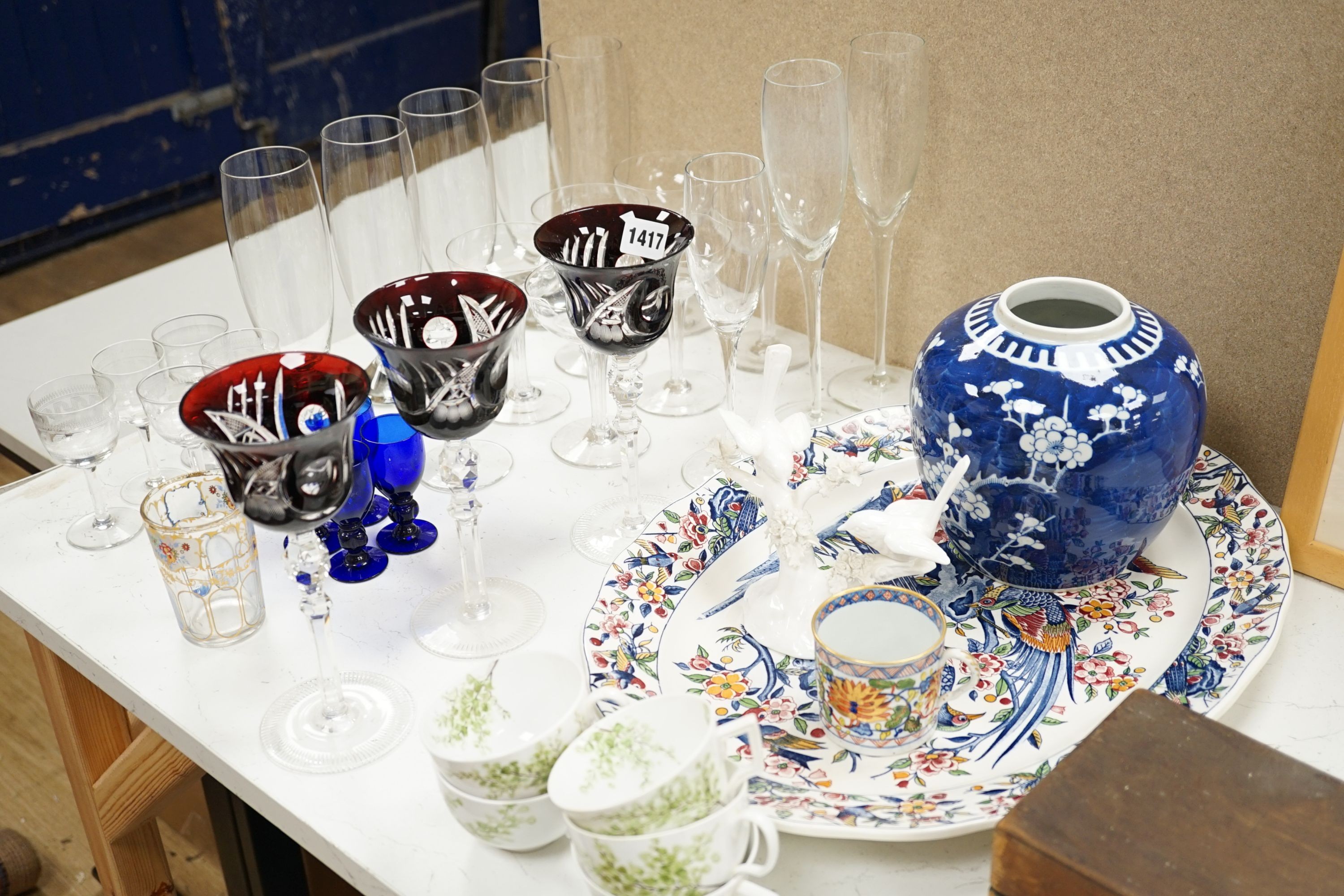 Three ruby overlaid wine glasses, a set of champagne glasses, a meat platter etc - Image 2 of 4