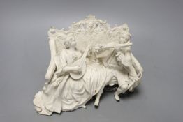 19th century English biscuit group of a woman with a mandolin and a man with a flute seated on an