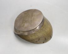 A Victorian horse’s hoof desk weight, electroplated mount inscribed, ‘Lord Sherbrooke’s Hawthorne,