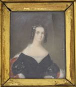 Victorian School, watercolour on ivory, Miniature portrait of lady wearing a black dress, 10 x