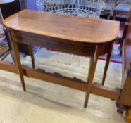 A George III satinwood banded rosewood rectangular folding card table, width 92cm, depth 45cm,