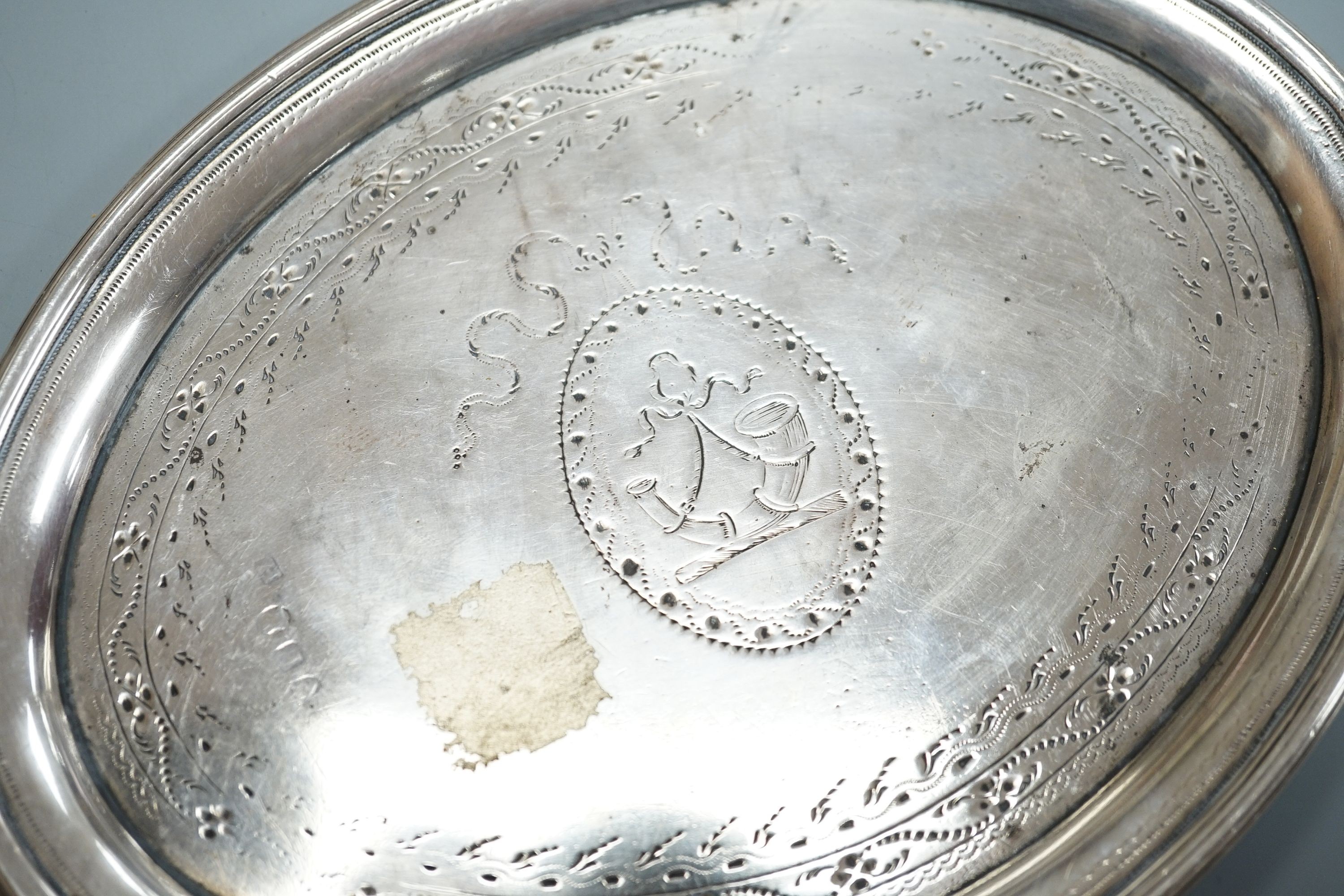 A George III silver oval teapot stand, with tired engraved decoration and wooden base, London, 1790, - Image 3 of 3